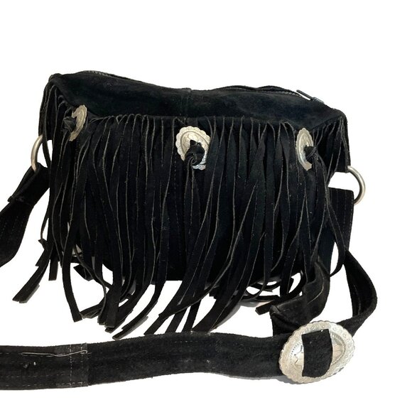 Vintage Native American Suede Leather Bag Crossbody Black Fringe Conch Boho - Picture 2 of 10